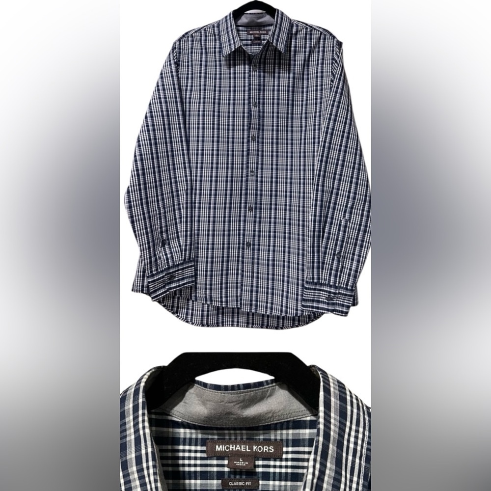 Michael KORS mens classic fit shirt, navy and white, size Large.